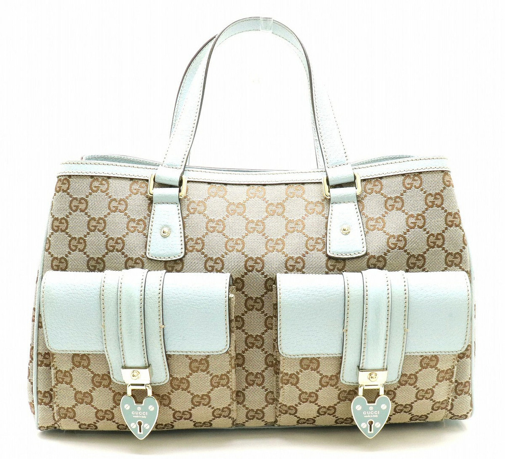 Gucci GG Canvas Tote Bag Handbag Leather Beige Brown Cream Smoky Blue